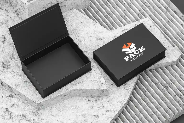BB-01 – Black Rigid Box with Pack Arrow Logo – Premium Magnetic Packaging