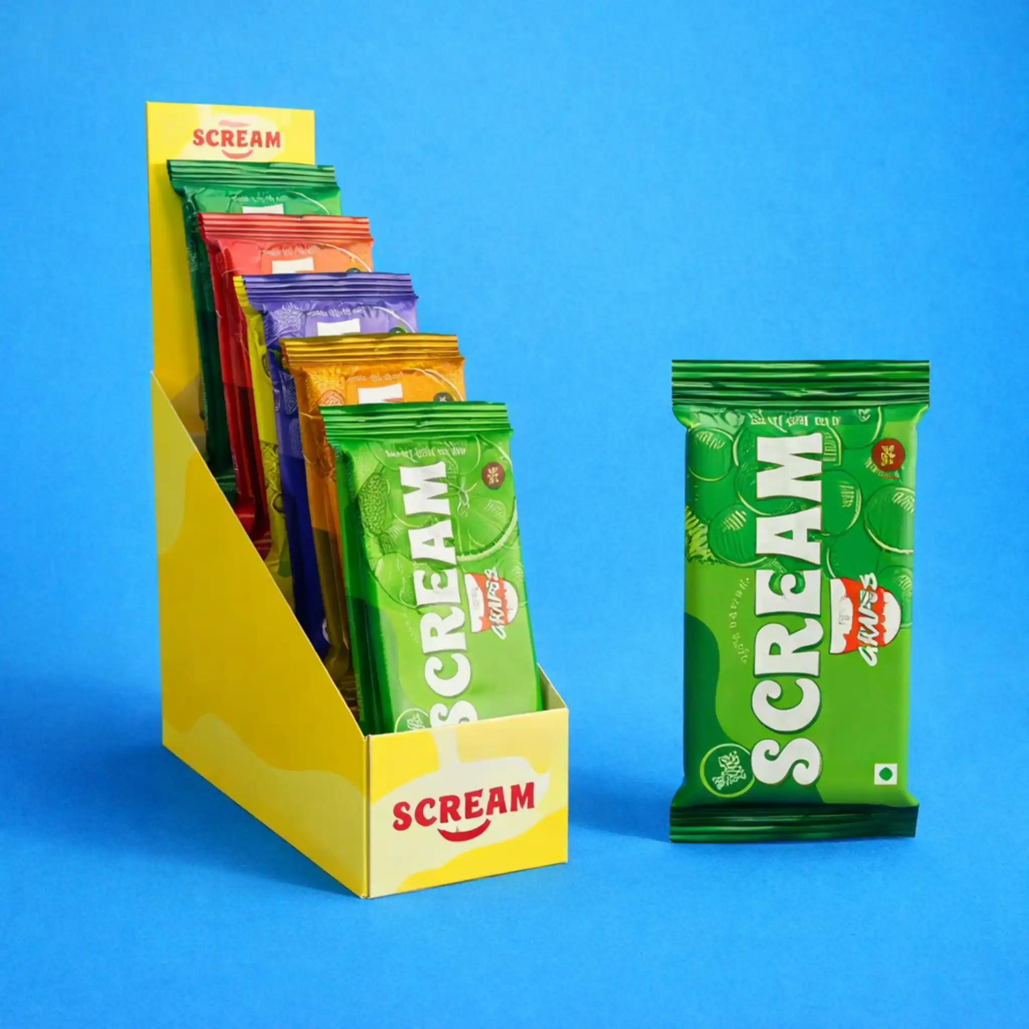 Custom countertop display box with packaged products for retail point-of-sale presentation